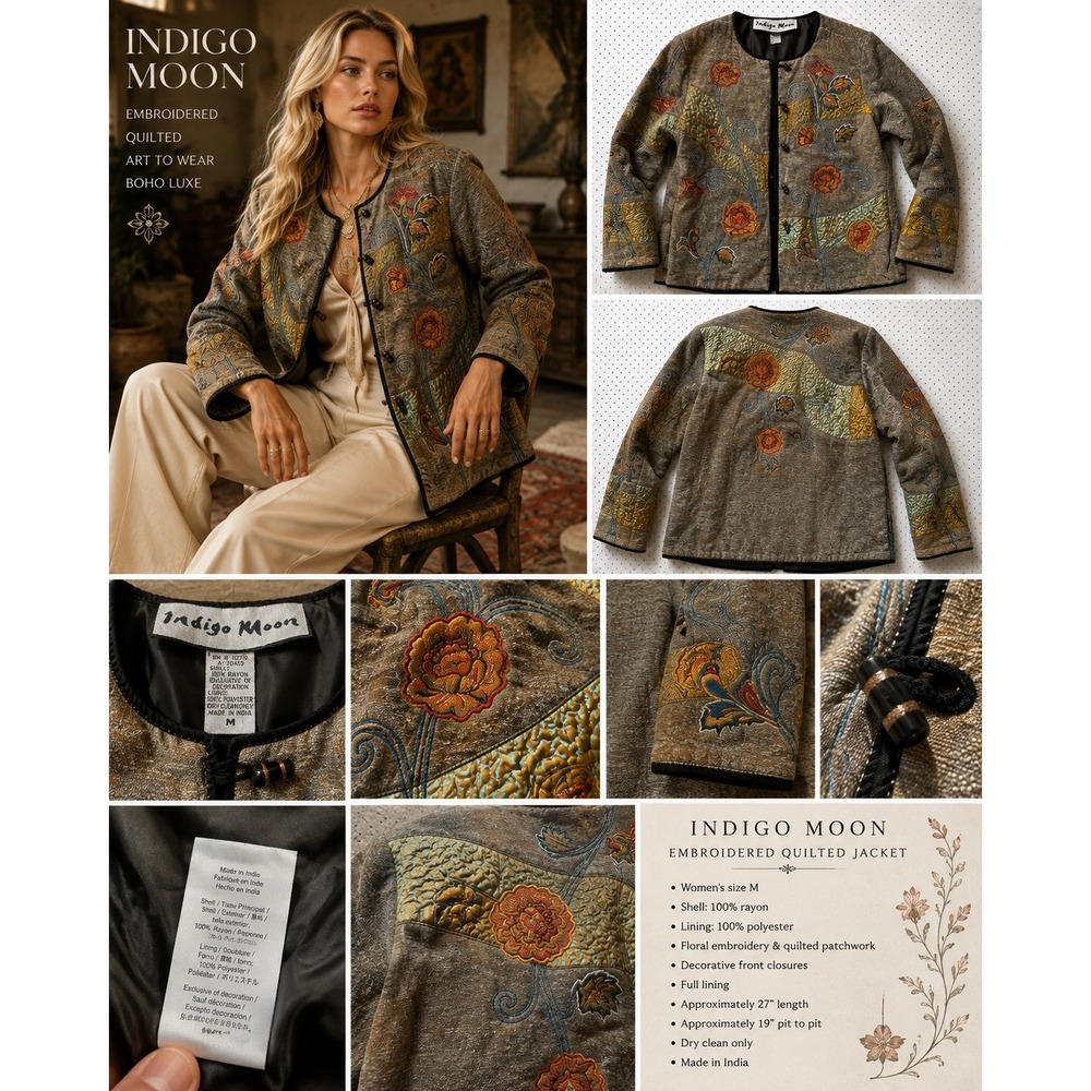 Indigo Moon Women M Embroidered Quilted Jacket Floral Patchwork Art to Wear Boho